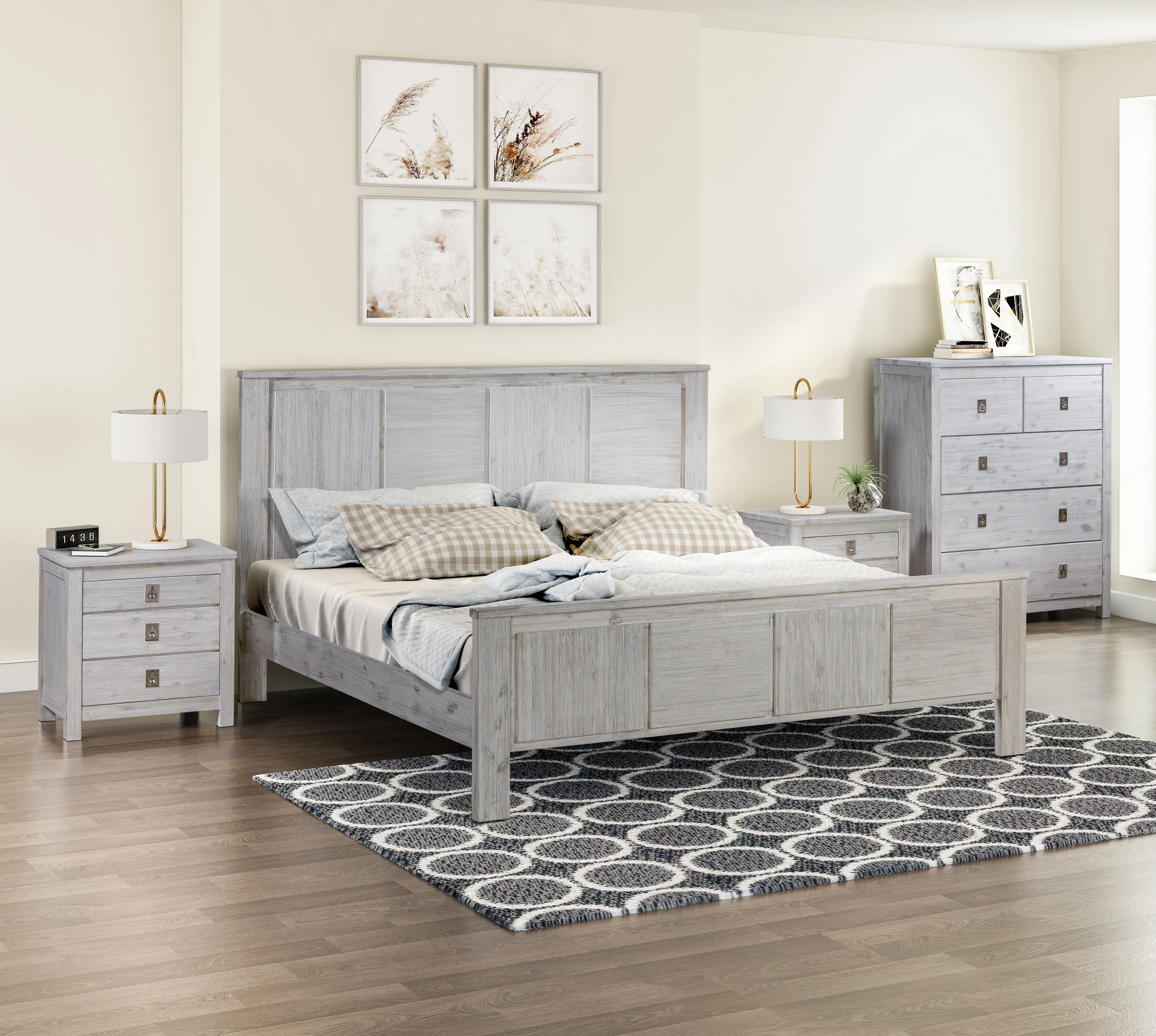 4-Piece Bedroom Suite in Queen Size White Ash Color - Bed, Bedside Table, Tallboy